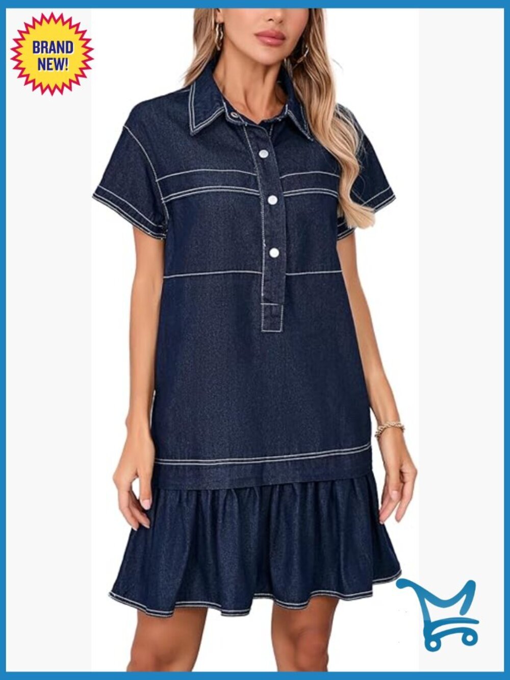 Drop Waist Ruffle Hem Mini Dress Short Sleeve Button Down Tunic with Pockets